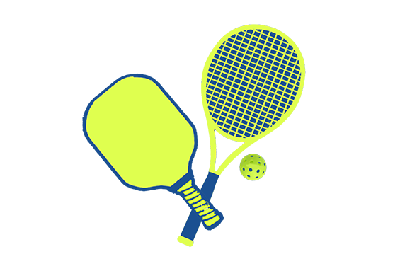 home-events-since2022 Pickleball paddle and tennis racket criss crossed in blue and neon yellow.