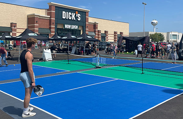 Custom pickleball court in front of Dick's Sporting Goods.